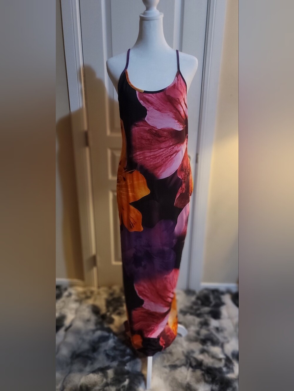 Floral  Maxi Dress - Black with Pink & Orange Floral